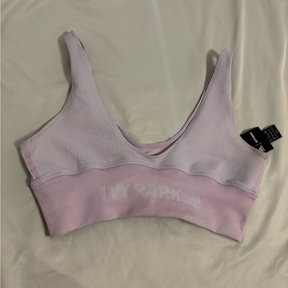 Ivy Park Adidas Ribbed Sports Bra Pink Lavender Logo Band Athleisure Activewear